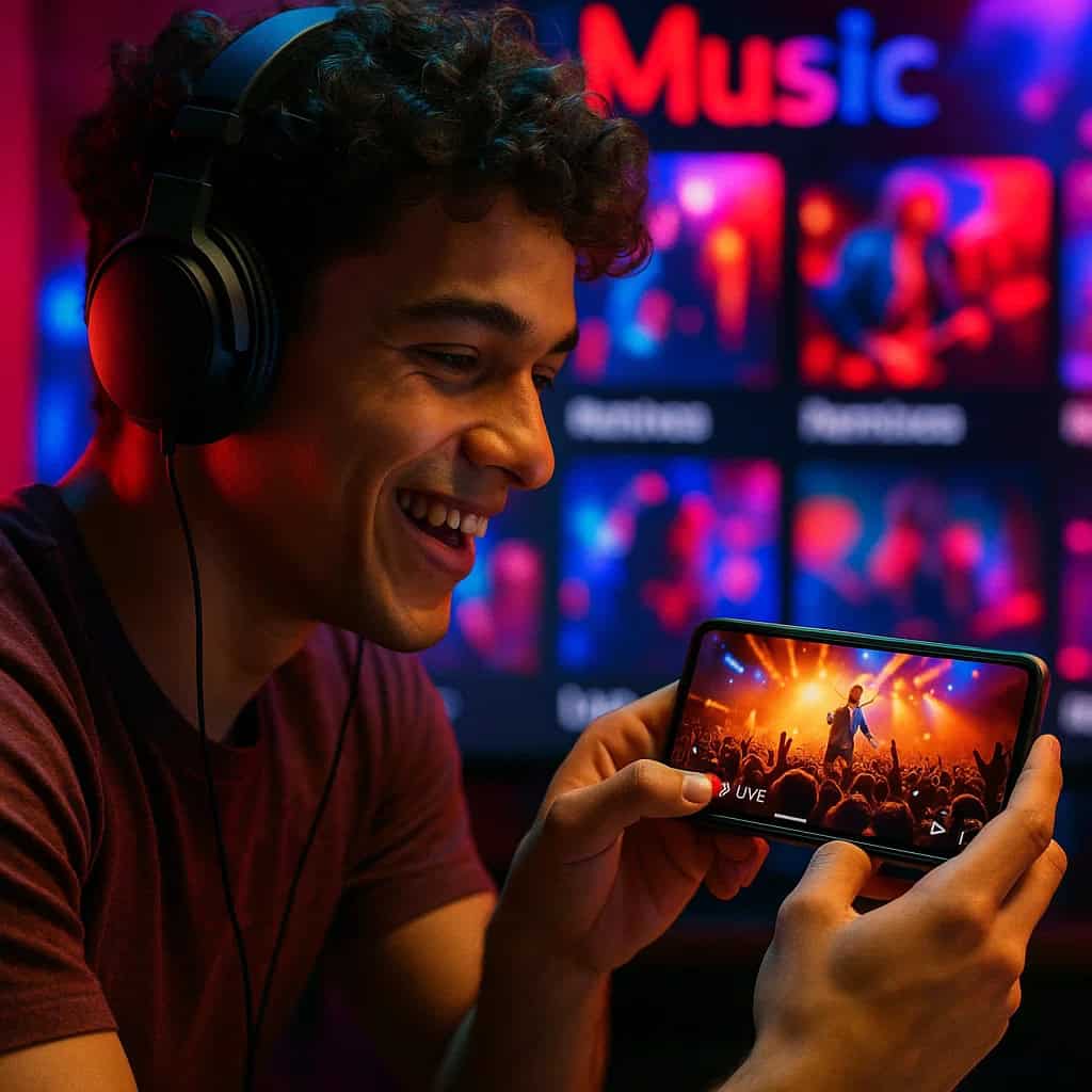 spotify a youtube music - mężczyzna ogląda na telefonie koncert