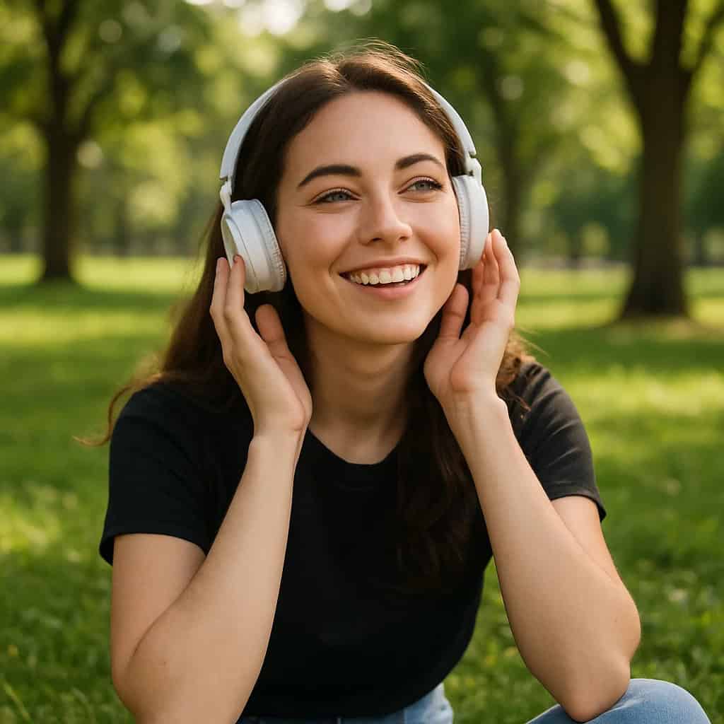 spotify czy tidal jakość - kobieta siedzi na trawie w parku w słuchawkach, uśmiechnięta i zasłuchana w muzykę