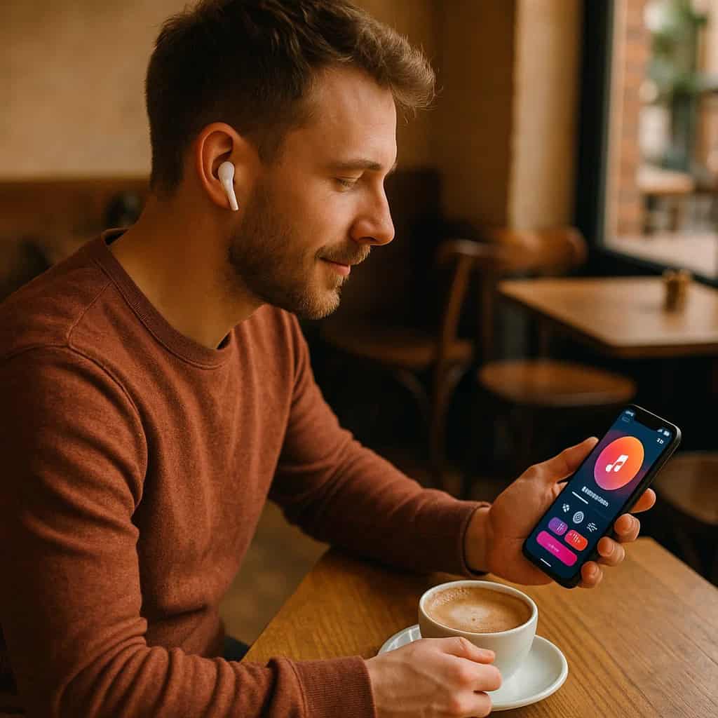 spotify czy youtube music - mężczyzna siedzi z kawą w kawiarni i przegląda w telefonie playlistę