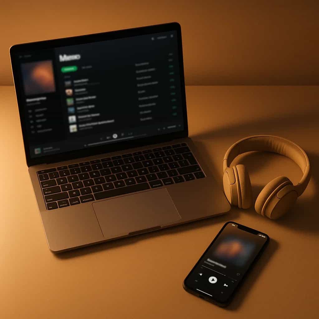 spotify vs tidal - Laptop, telefon i słuchawki na biurku, widok z góry w ciepłym świetle