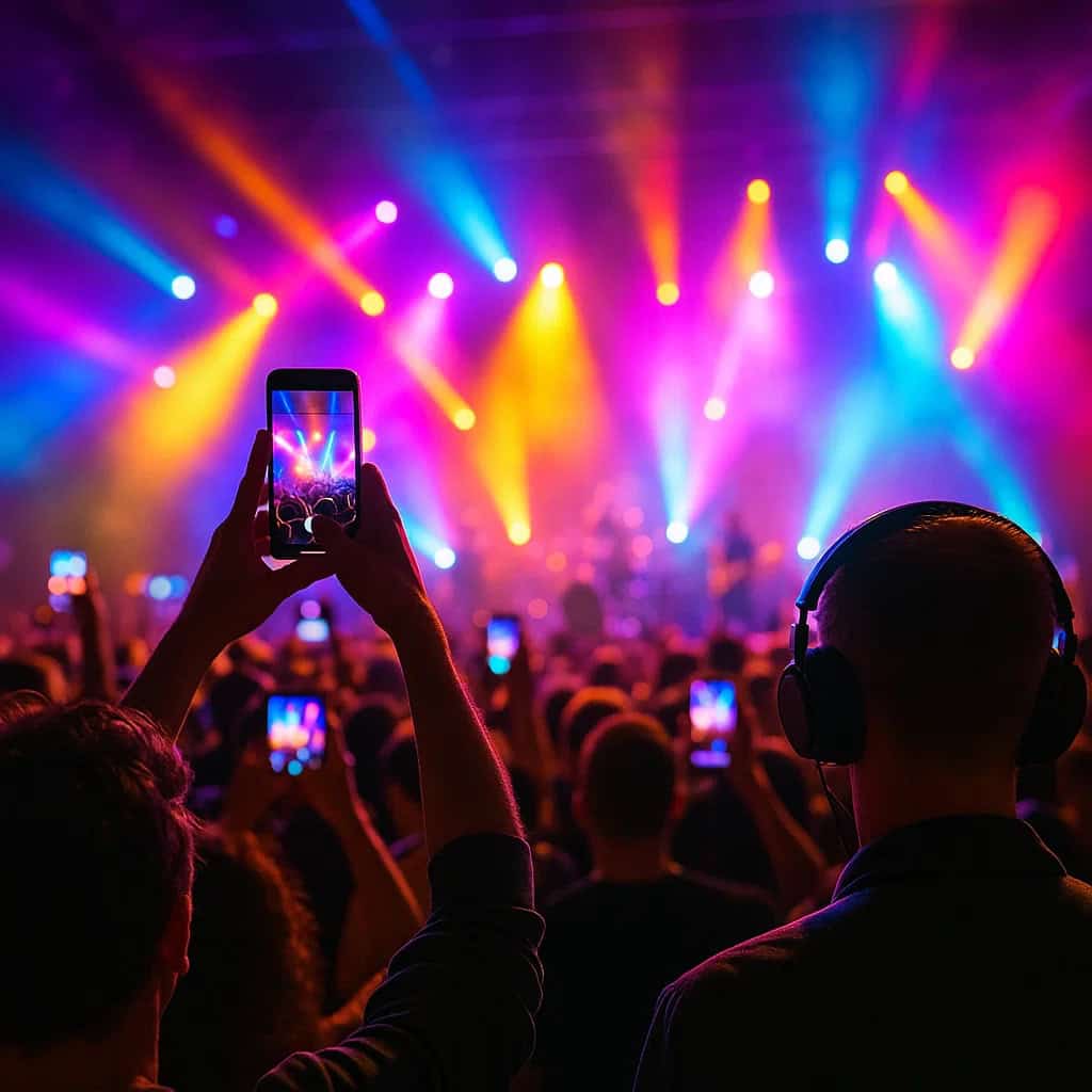 spotify youtube music - ręce uniesione w górę z telefon, skierowanym w stronę sceny, na której odbywa się koncert