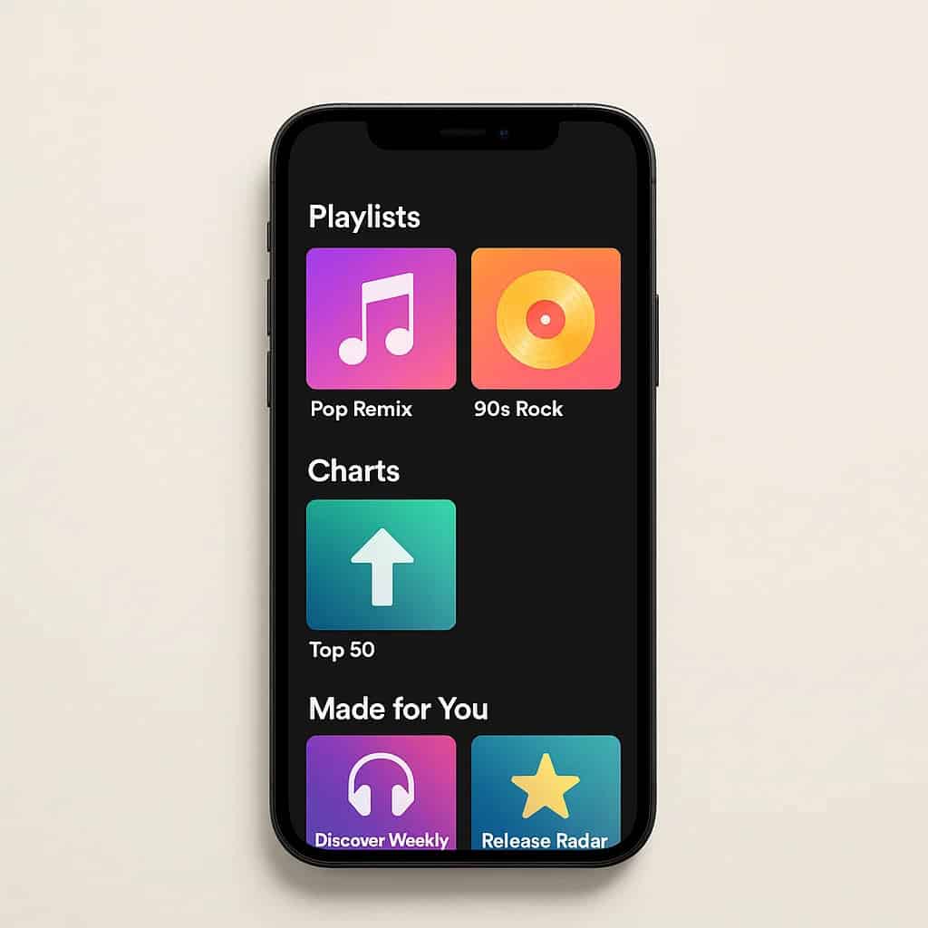streaming muzyki co to jest - Widok z góry na ekran smartfona z kolorową aplikacją muzyczną i playlistami.