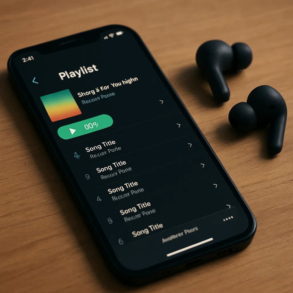 streaming muzyki porównanie - telefon na stole z widoczną playlistą i słuchawkami bezprzewodowymi obok.