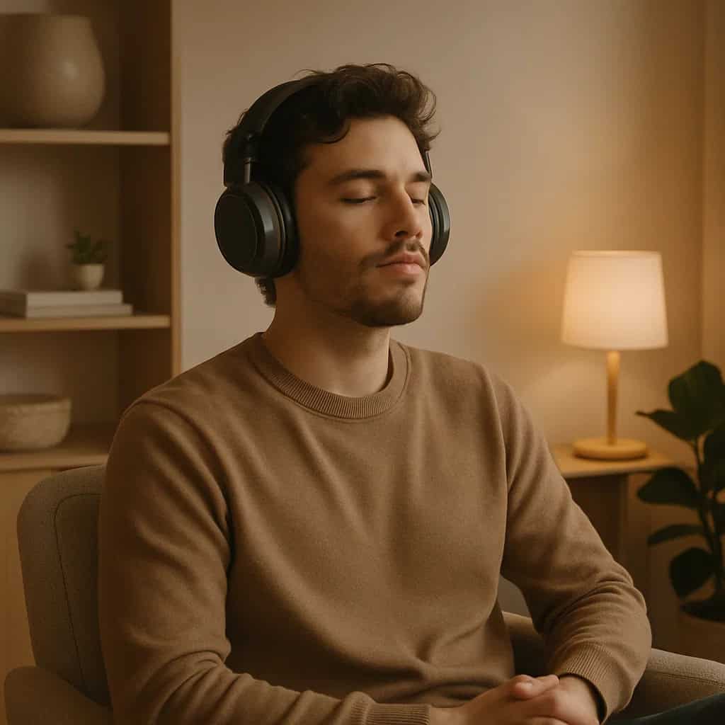 streamingowe serwisy muzyczne tidal i spotify - Mężczyzna słuchający muzyki w słuchawkach w nowoczesnym wnętrzu