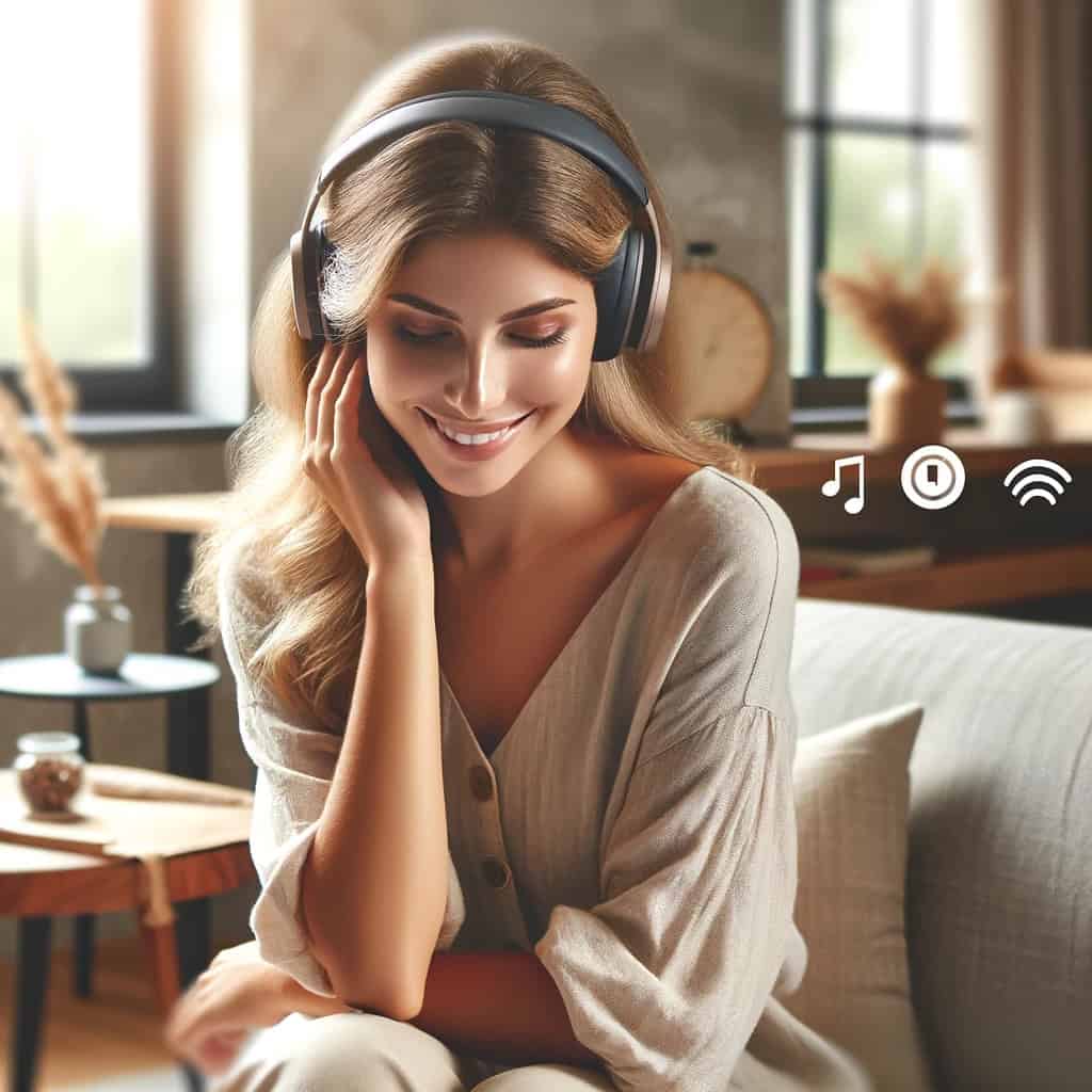 Budowa słuchawek bluetooth - kobieta siedząca na sofie w przykładowym modelu