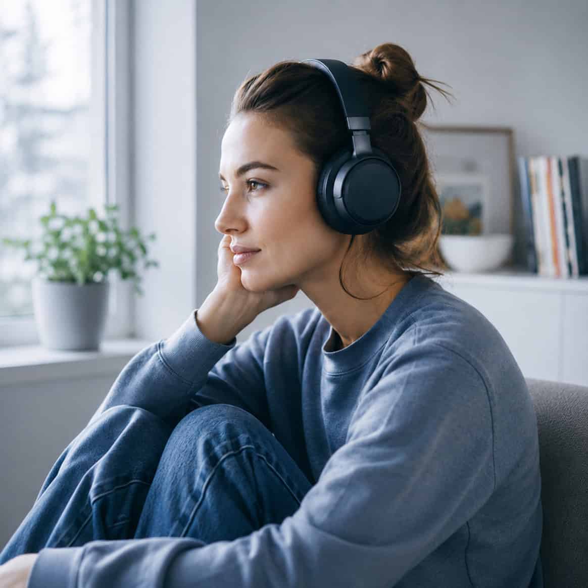 Kobieta słuchająca muzyki w słuchawkach nausznych