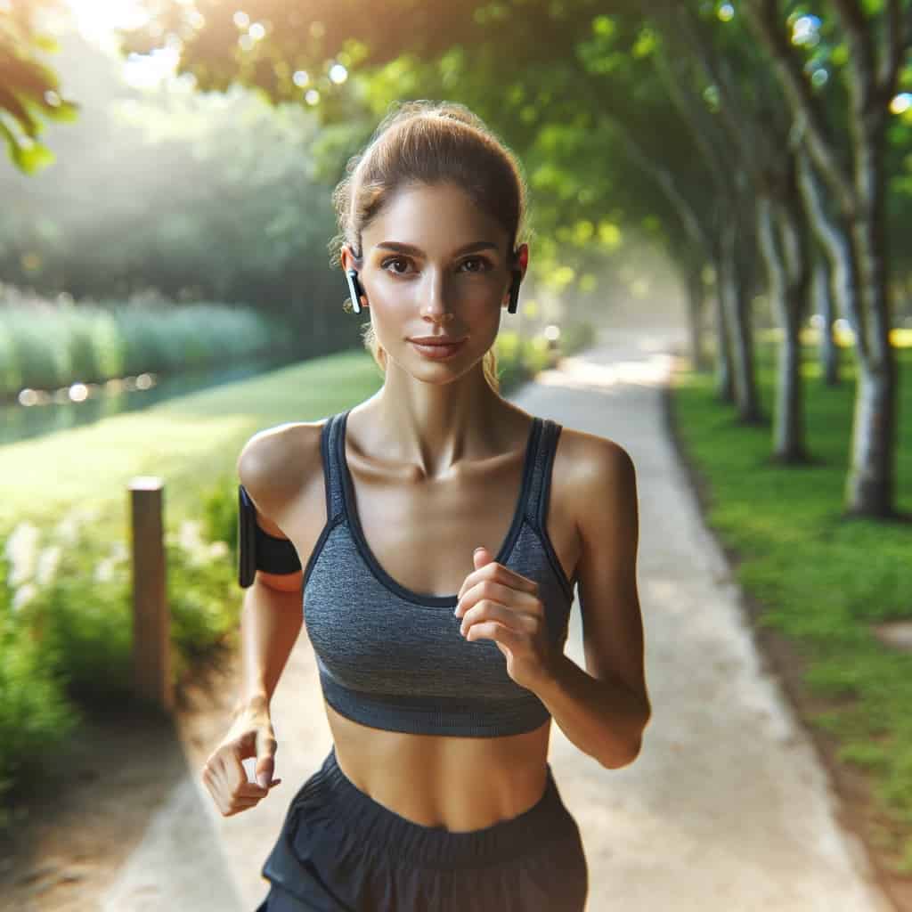 Motywująca muzyka do biegania - kobieta uprawiająca jogging w parku w słuchawkach dokanałowych