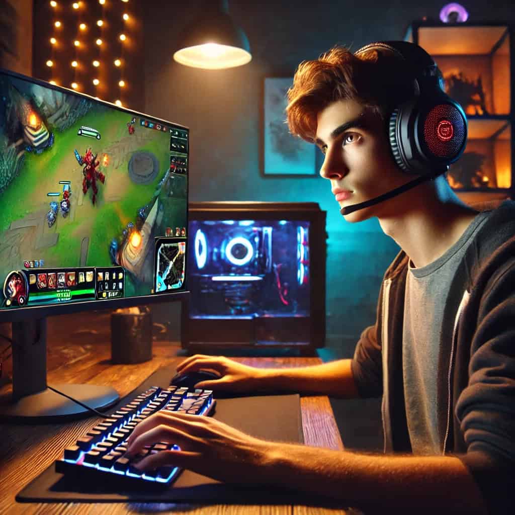 Najlepsze słuchawki do League of Legends - przykładowy model na głowie gracza przed komputerem