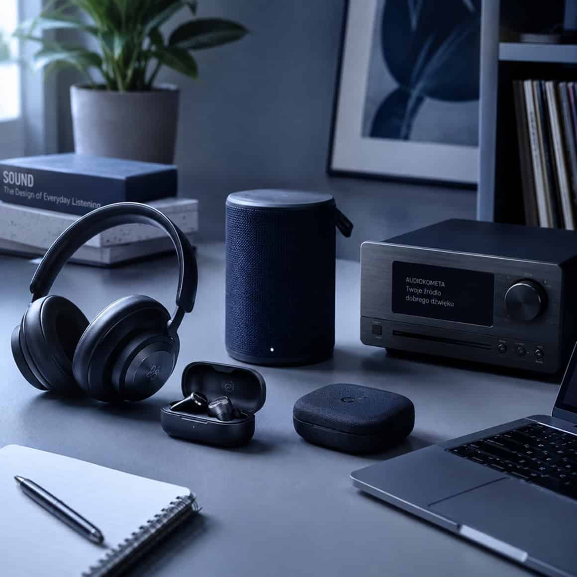 Słuchawki, głośnik Bluetooth i sprzęt audio na biurku