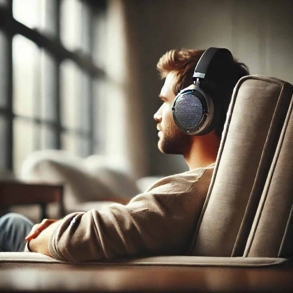 audiofil słuchawki przykładowy model na uszach mężczyzny siedzącego w fotelu przed oknem