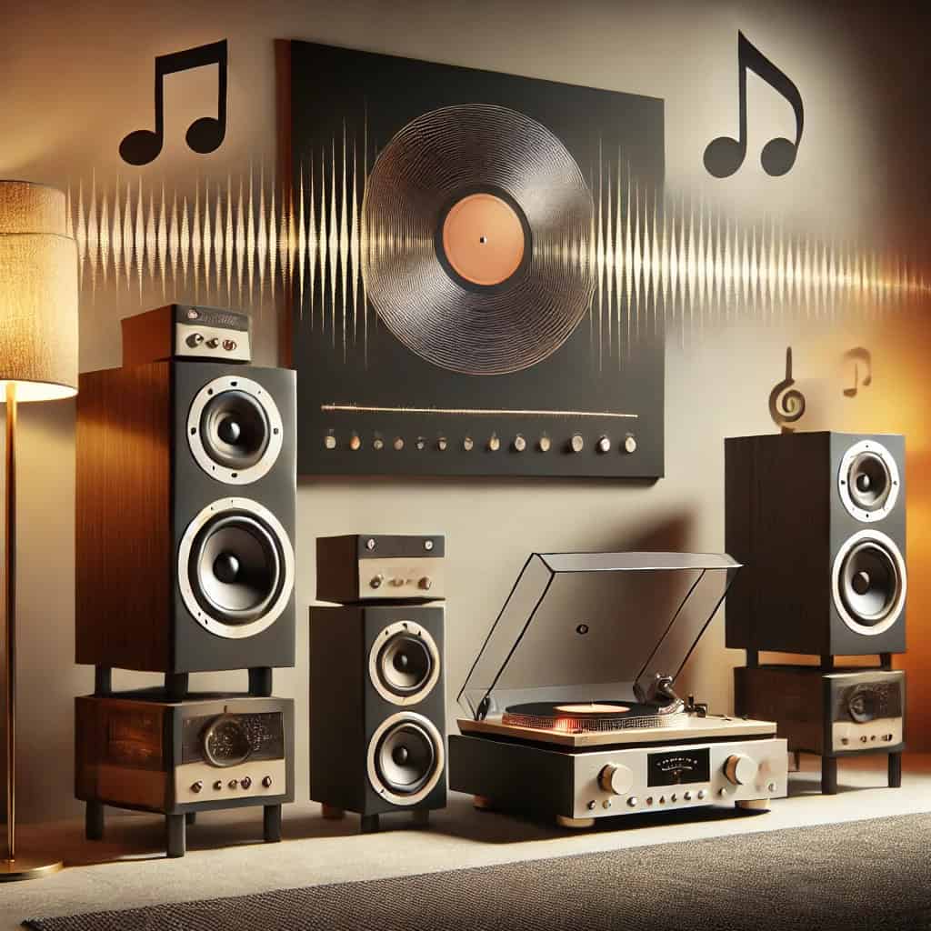 audiofilia - półka z głośnikami, wzmacniaczem i adapterem