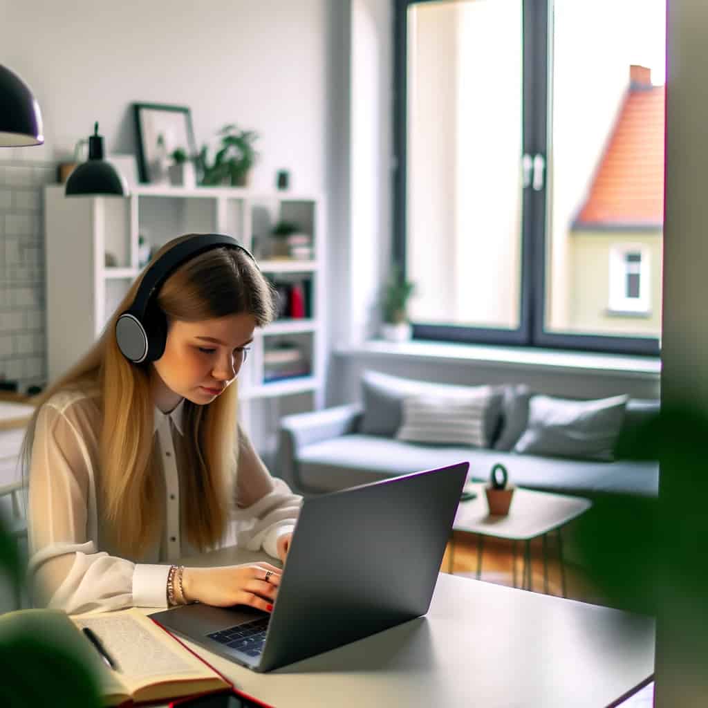 bezprzewodowe słuchawki do nauki zdalnej - uczennica pracująca na laptopie