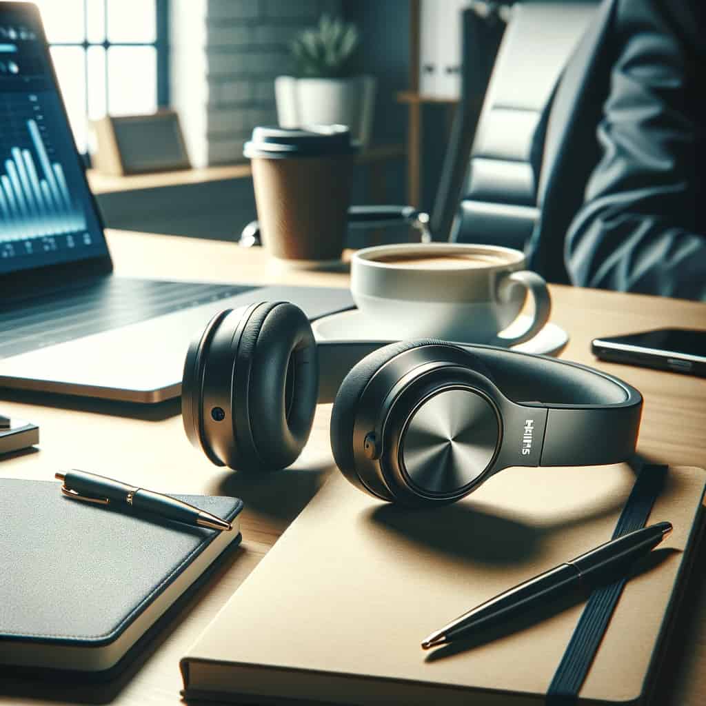 bezprzewodowe słuchawki nauszne philips leżące na biurku