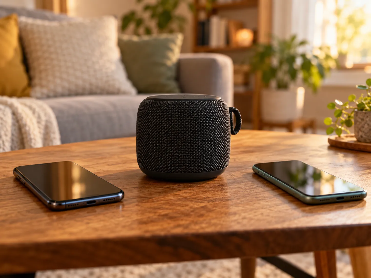Głośnik Bluetooth stojący między dwoma smartfonami na drewnianym stoliku
