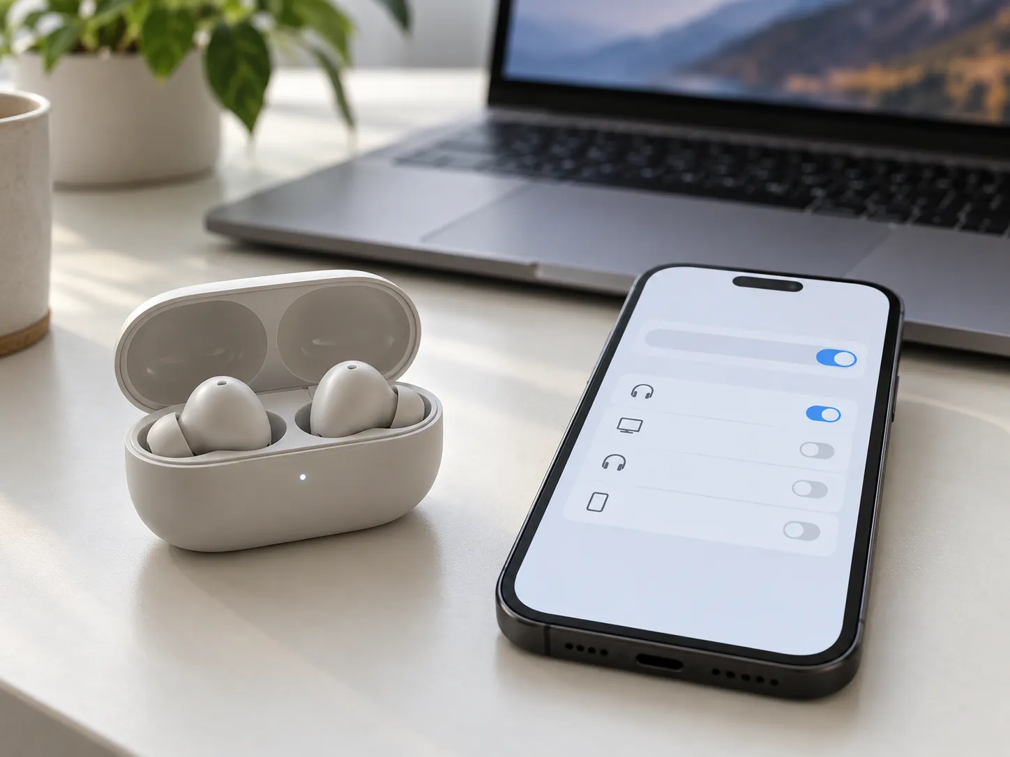 Słuchawki douszne w etui obok telefonu z ustawieniami Bluetooth i laptopa