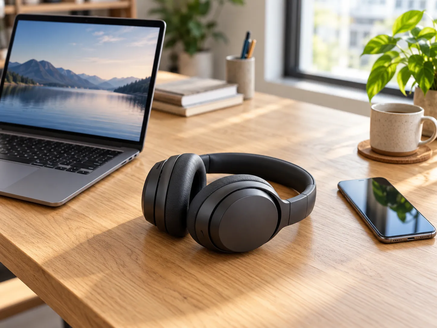 Słuchawki bezprzewodowe Bluetooth obok laptopa i telefonu na drewnianym biurku