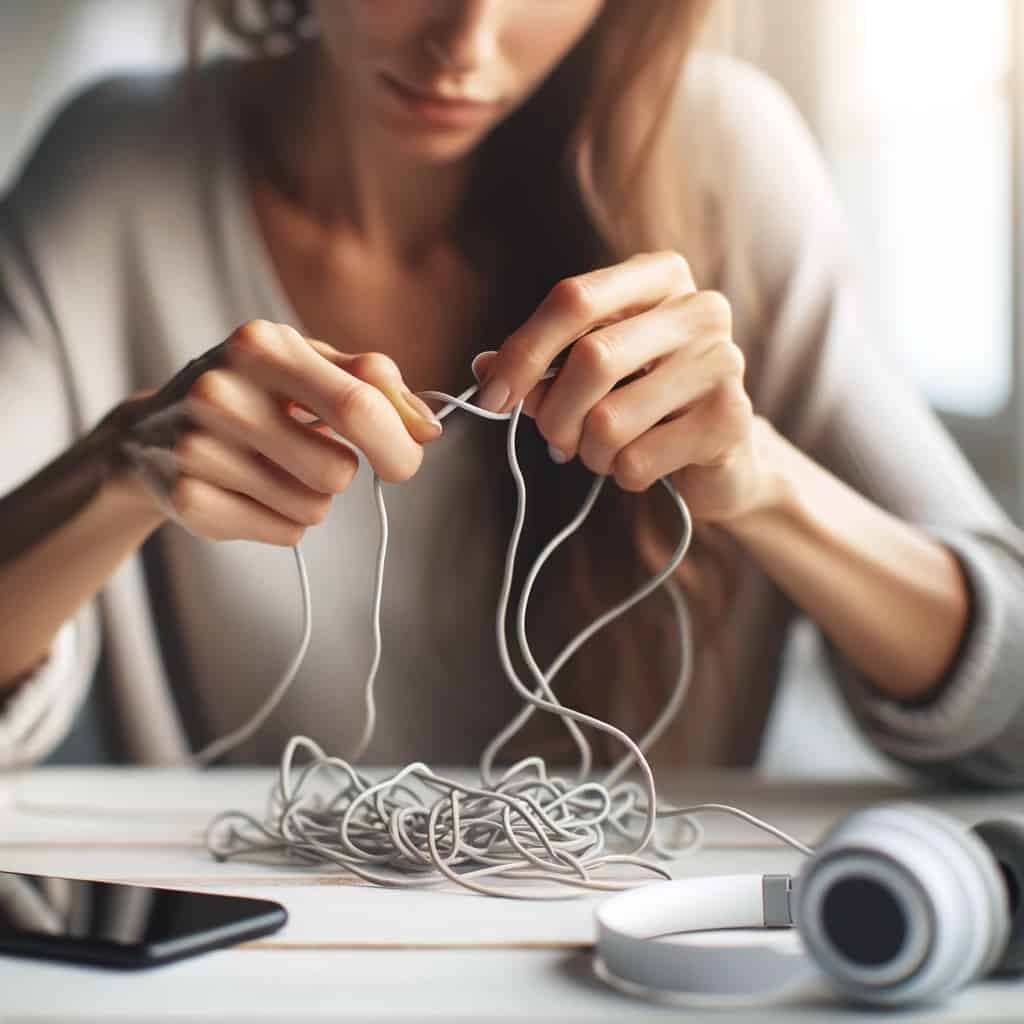 co zrobić żeby kabel od słuchawek się nie plątał - kobieta próbująca rozplątać słuchawki