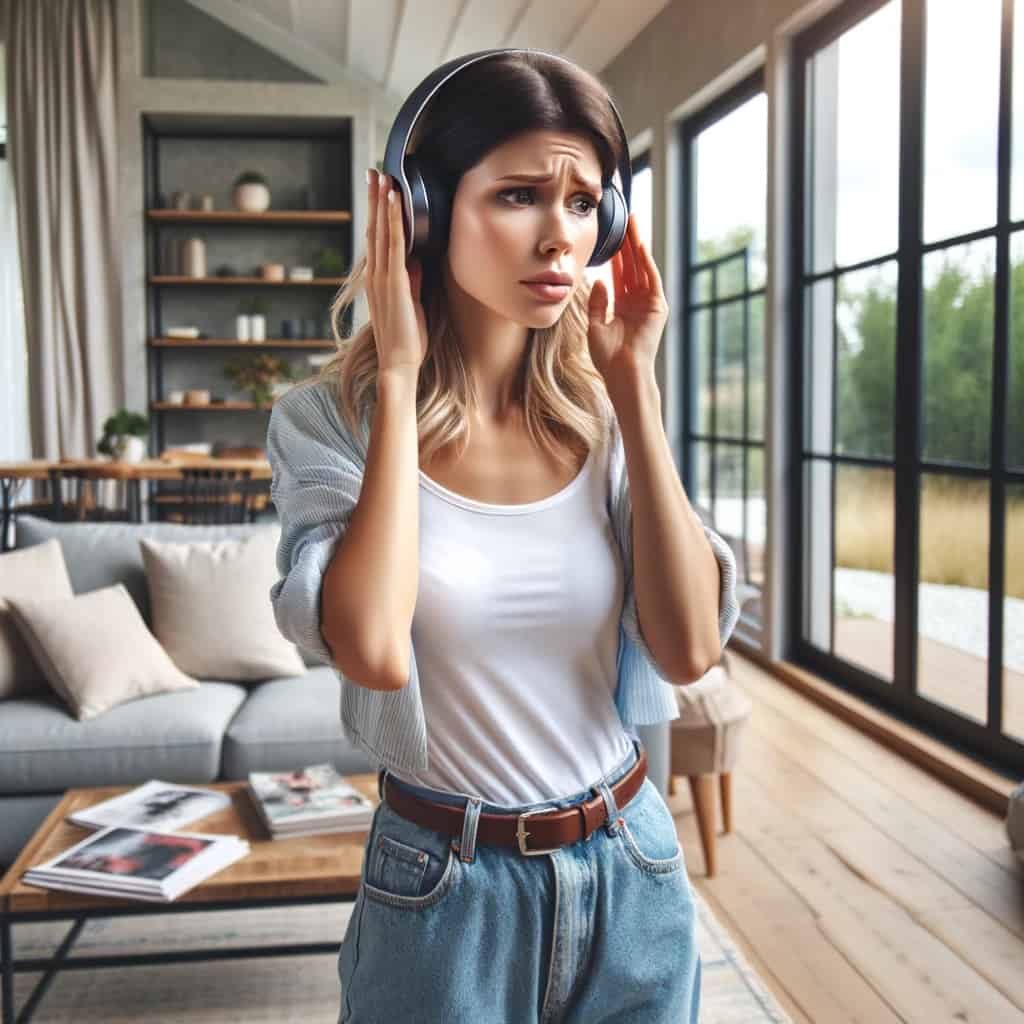czemu słuchawki bluetooth cicho grają - przykładowy model nauszny na głowie zatroskanej kobiety