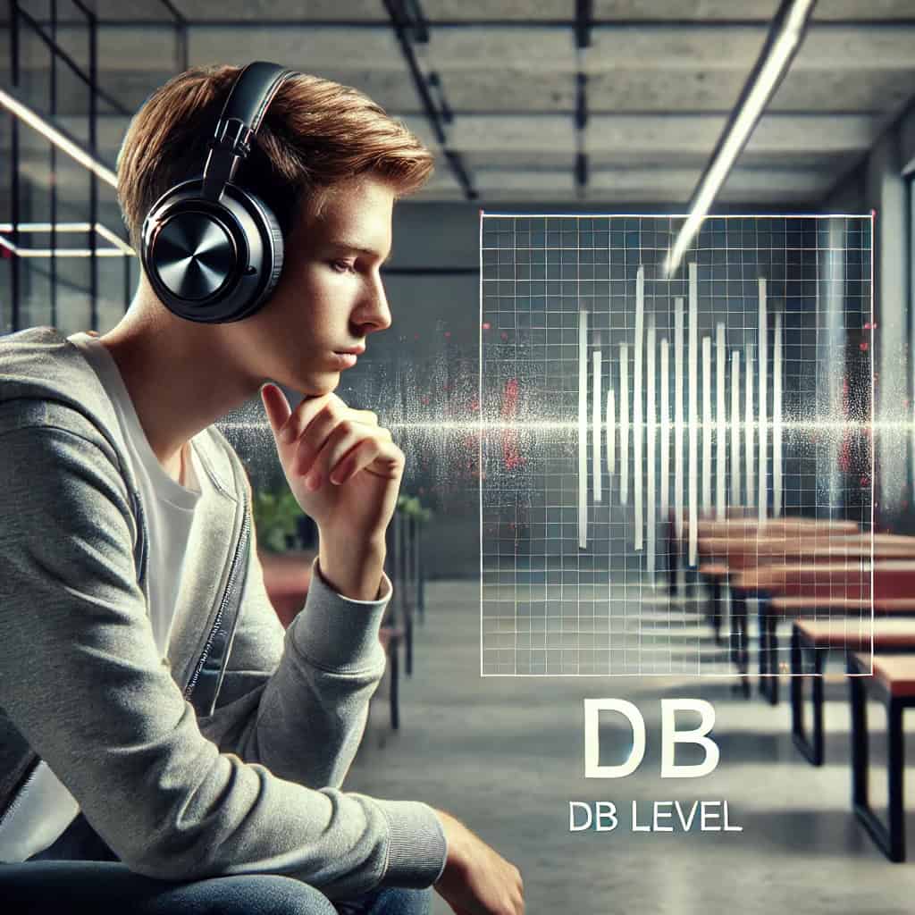 czułość db słuchawki - chłopak słucha muzyki w pustej sali wykładowej
