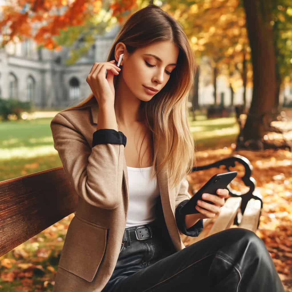 czy airpods można połączyć z androidem - kobieta w przykładowym modelu siedzi na ławce w parku z telefonem
