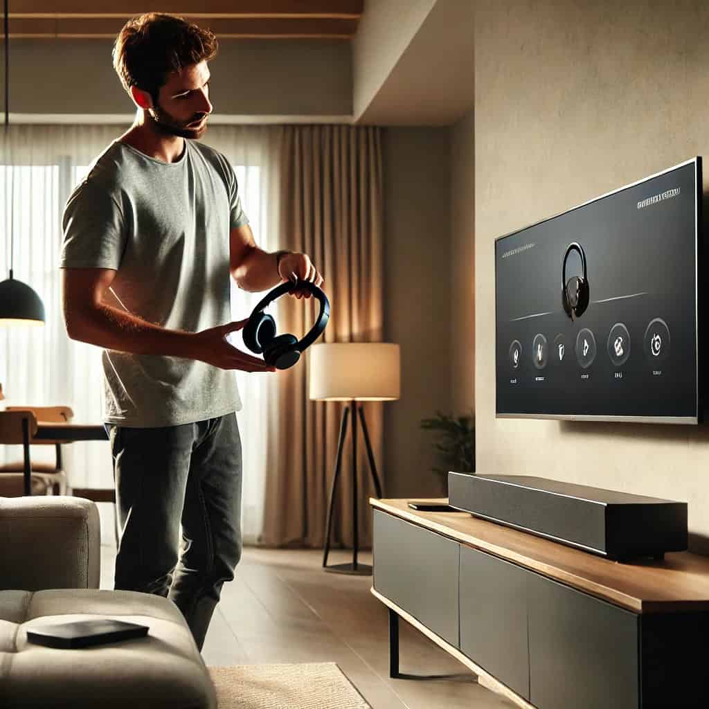 czy można podłączyć słuchawki do telewizora - mężczyzna stoi przed tv, trzymając w ręku model nauszny i patrz na opcje bluetooth wyświetlone na ekranie