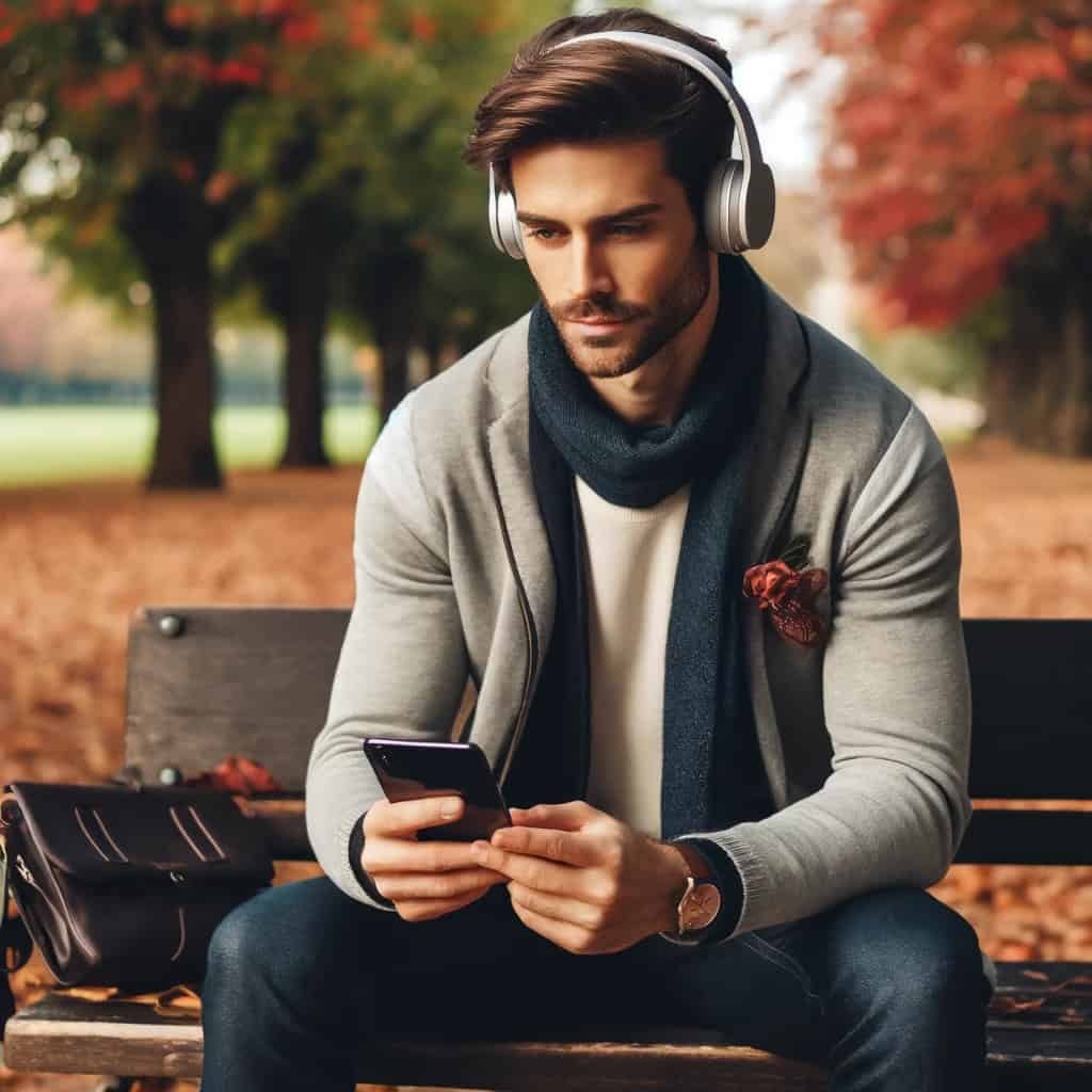 czy słuchawki Bluetooth pasują do każdego telefonu - mężczyzna w przykładowym modelu siedzi na ławce w parku i patrzy w telefon