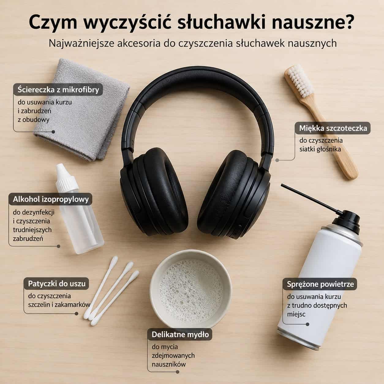 Akcesoria do czyszczenia słuchawek nausznych: mikrofibra, alkohol izopropylowy, patyczki do uszu, miękka szczoteczka i sprężone powietrze