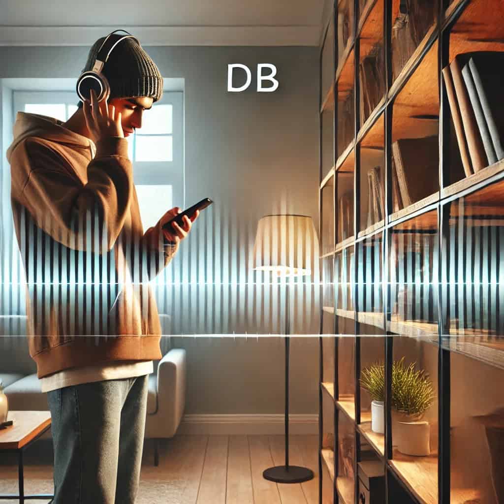 db co to znaczy - mężczyzna w słuchawkach ustawia poziom audio na telefonie