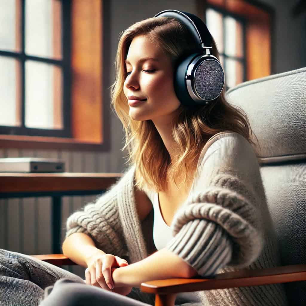 dobre słuchawki audiofilskie na uszach kobiety, która słucha muzyki w fotelu z zamkniętymi oczami