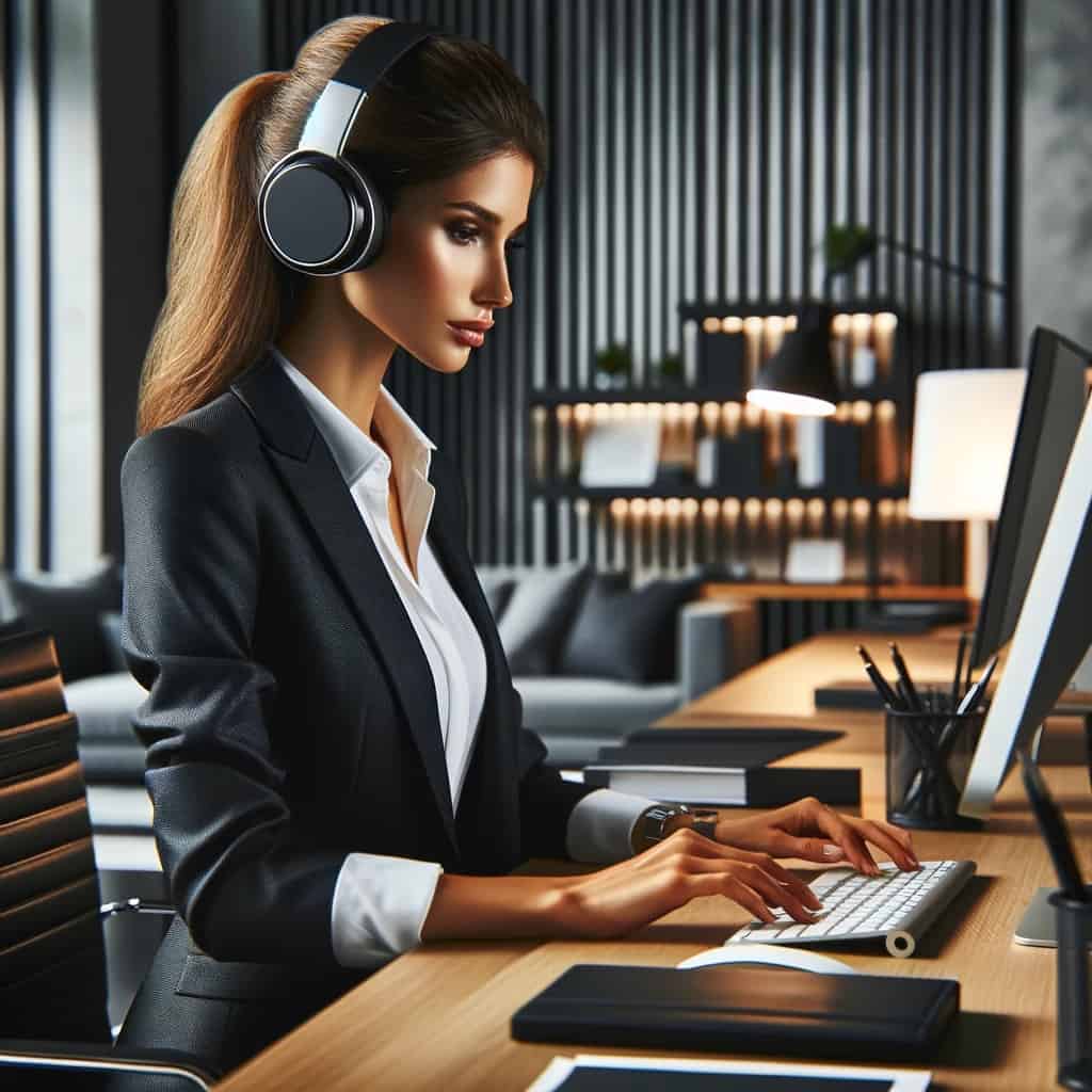 dobre słuchawki biznesowe - model prezentowany przez bizneswoman pracującą na laptopie