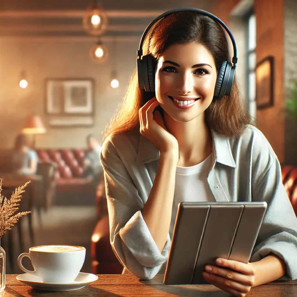 dobre słuchawki do audiobooków na głowie kobiety w kawiarni
