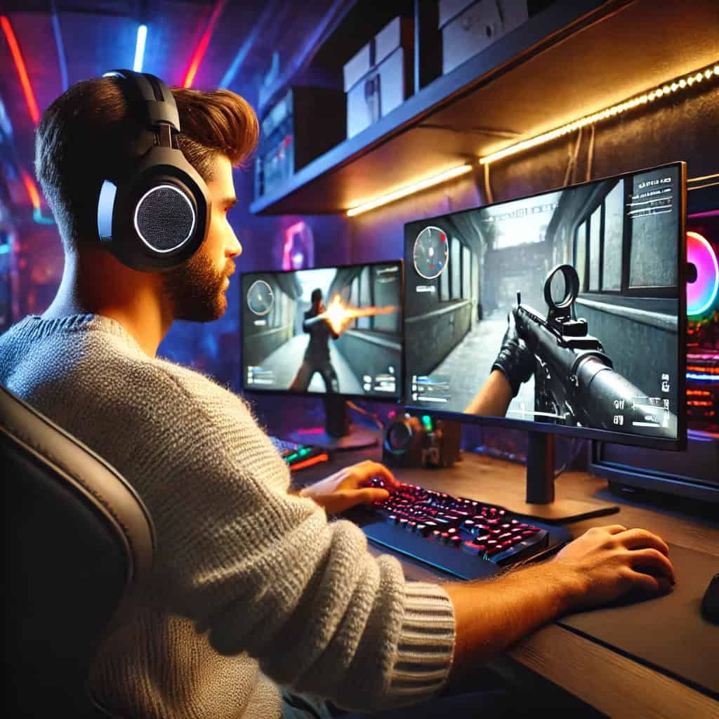 dobre słuchawki do fps na głowie mężczyzny pochłoniętego grą