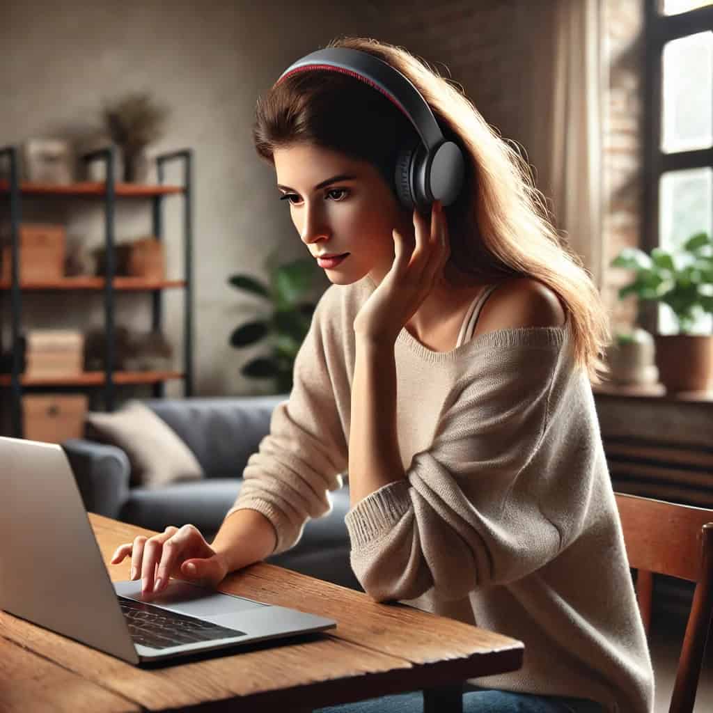 dobre słuchawki do laptopa na uszach kobiety pracującej na laptopie