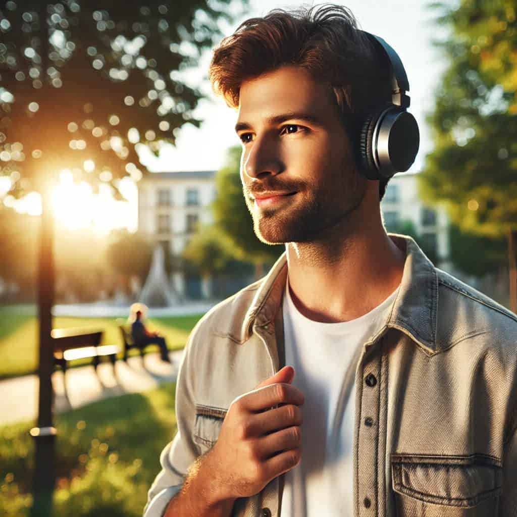 dobre słuchawki do muzyki do 200 zł na głowie mężczyzny w parku