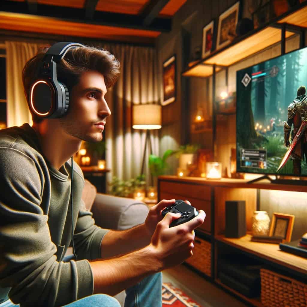 dobre słuchawki do nintendo switch na głowie mężczyzny z padem grającego na konsoli
