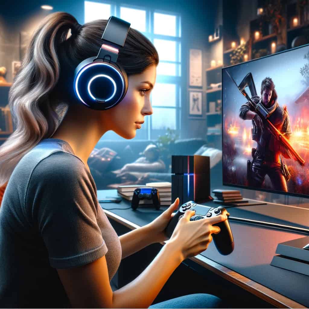 dobre słuchawki do ps4 na uszach kobiety z padem w ręku przed ekranem telewizora
