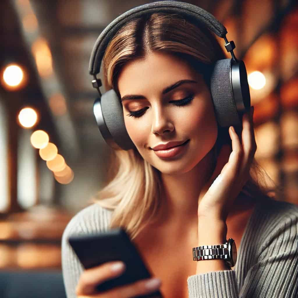 dobre słuchawki do słuchania muzyki z telefonu na uszach kobiety skupionej na dźwięku