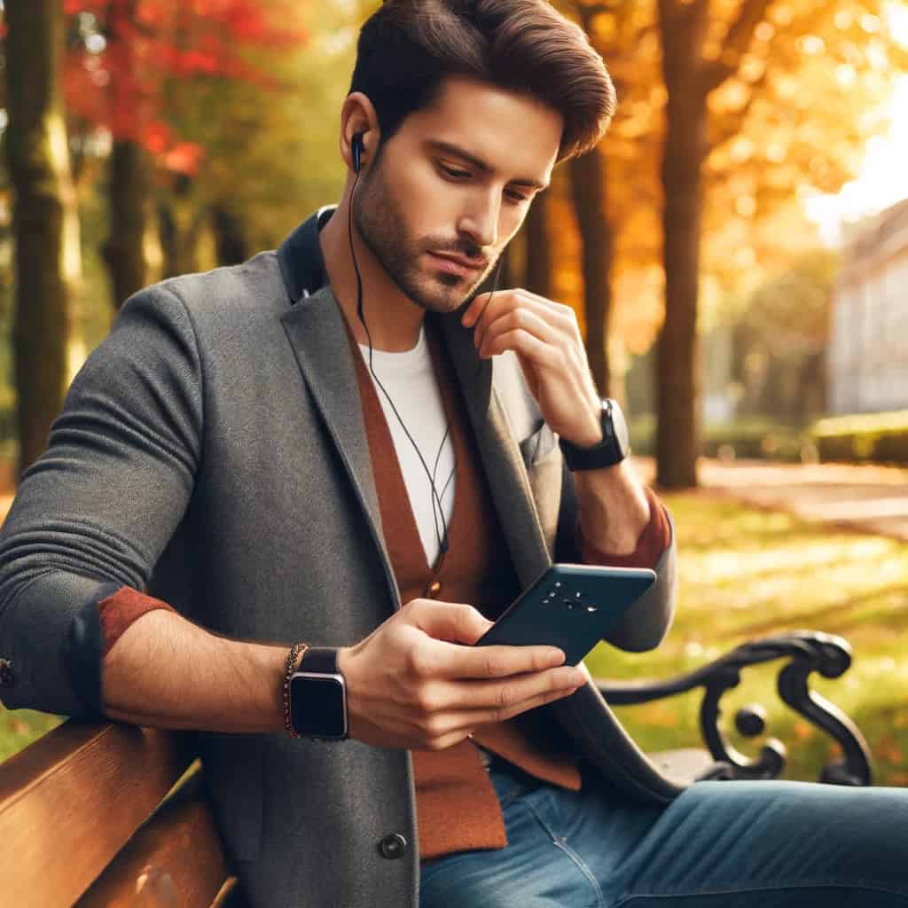 dobre słuchawki do telefonu - mężczyzna siedzi na ławce w parku skupiony na telefonie w przykładowym modelu przewodowym