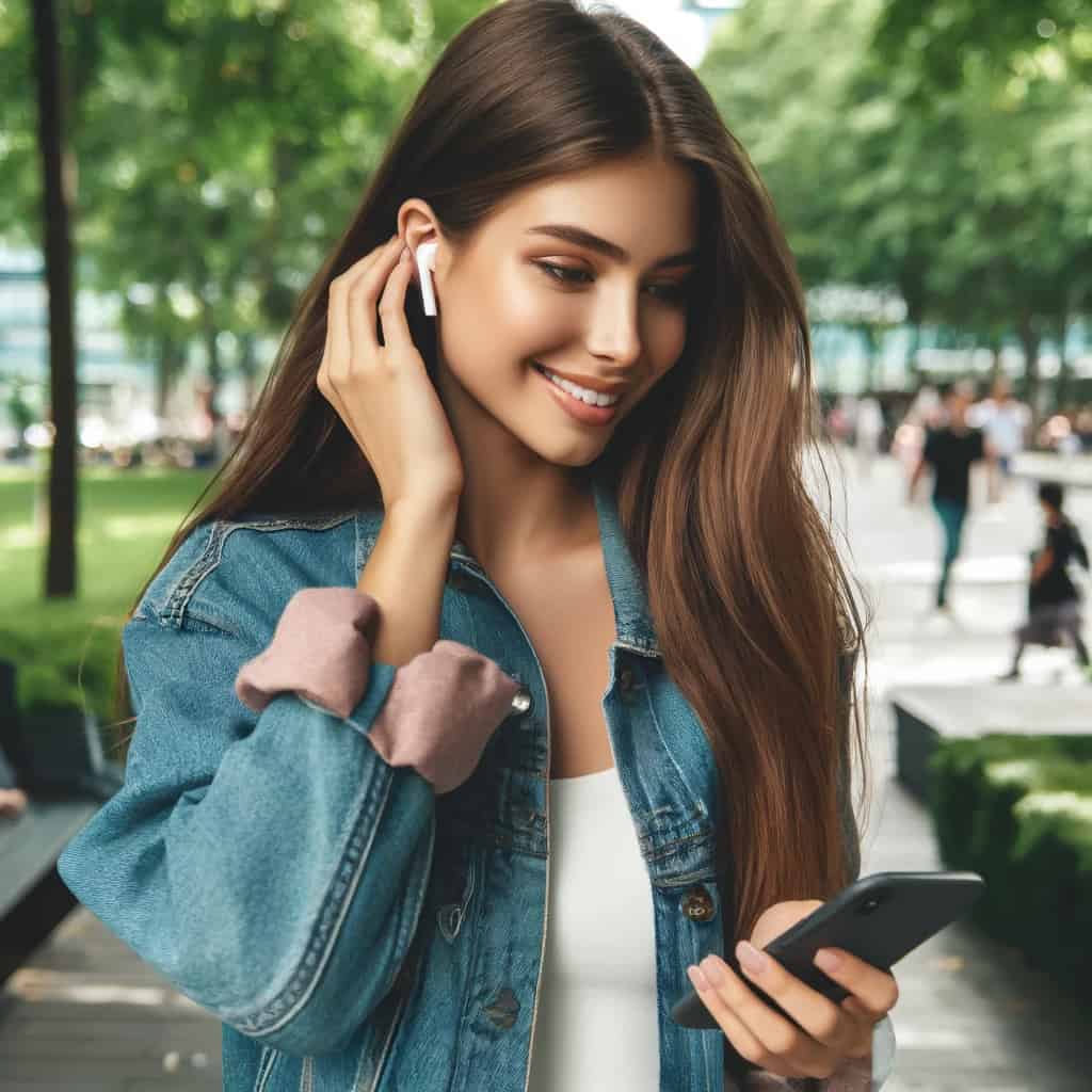 dobre słuchawki dokanałowe do 500 zł w uszach kobiety stojącej na chodniku ze smartfonem i słuchającej muzyki