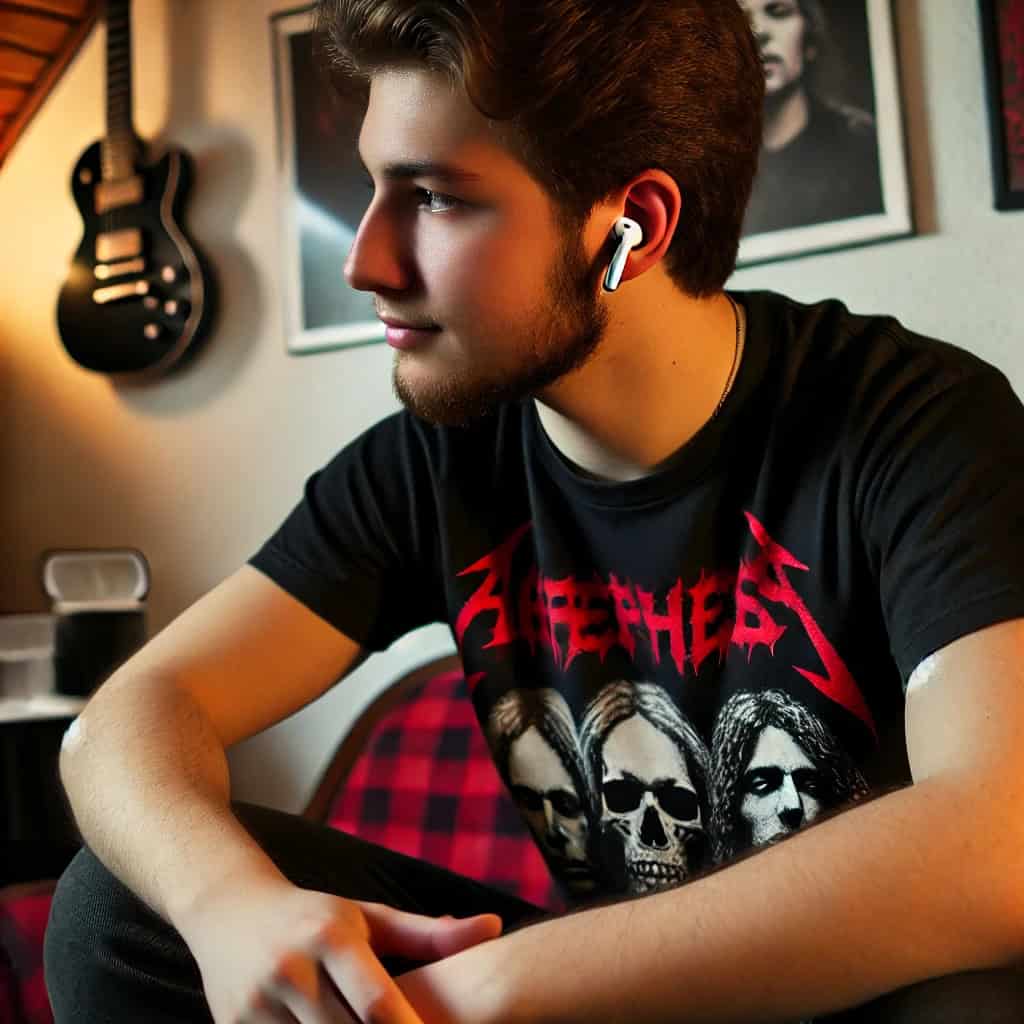 dobre słuchawki douszne do rocka w uszach młodego chłopaka słuchającego muzyki w swoim pokoju