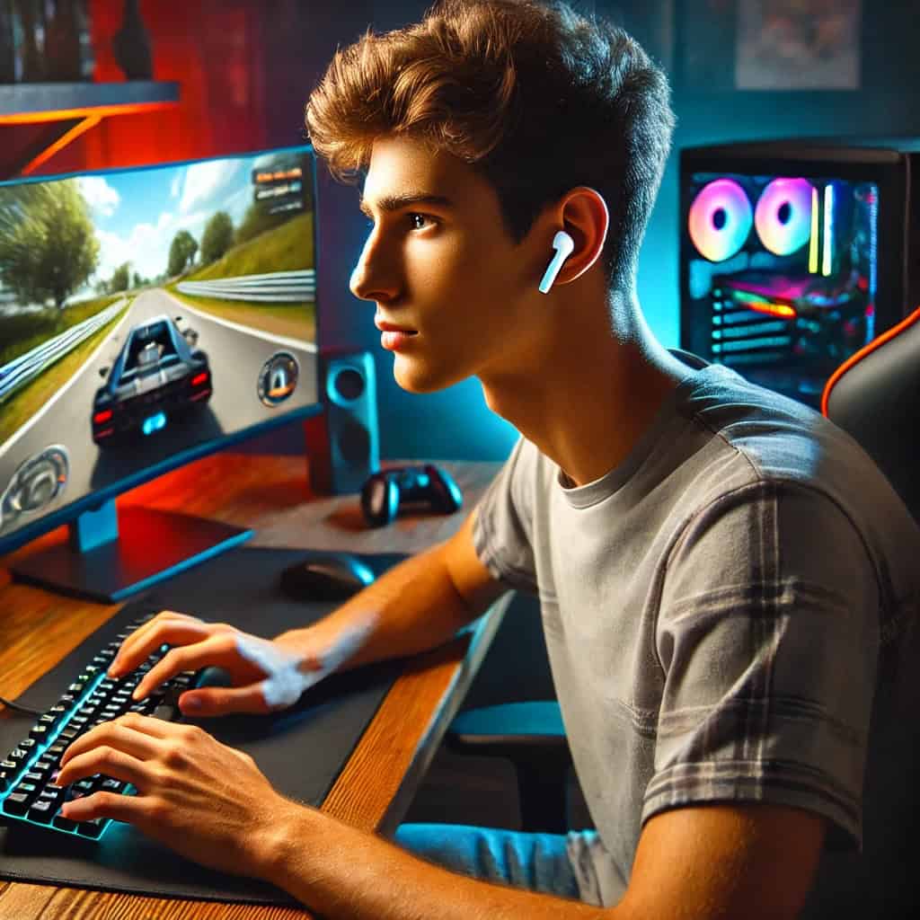 dobre słuchawki douszne gamingowe w uszach gracza przez ekranem pc