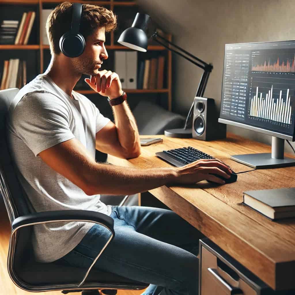 dobre słuchawki nauszne do komputera na głowie mężczyzny pochłoniętego pracą na pc