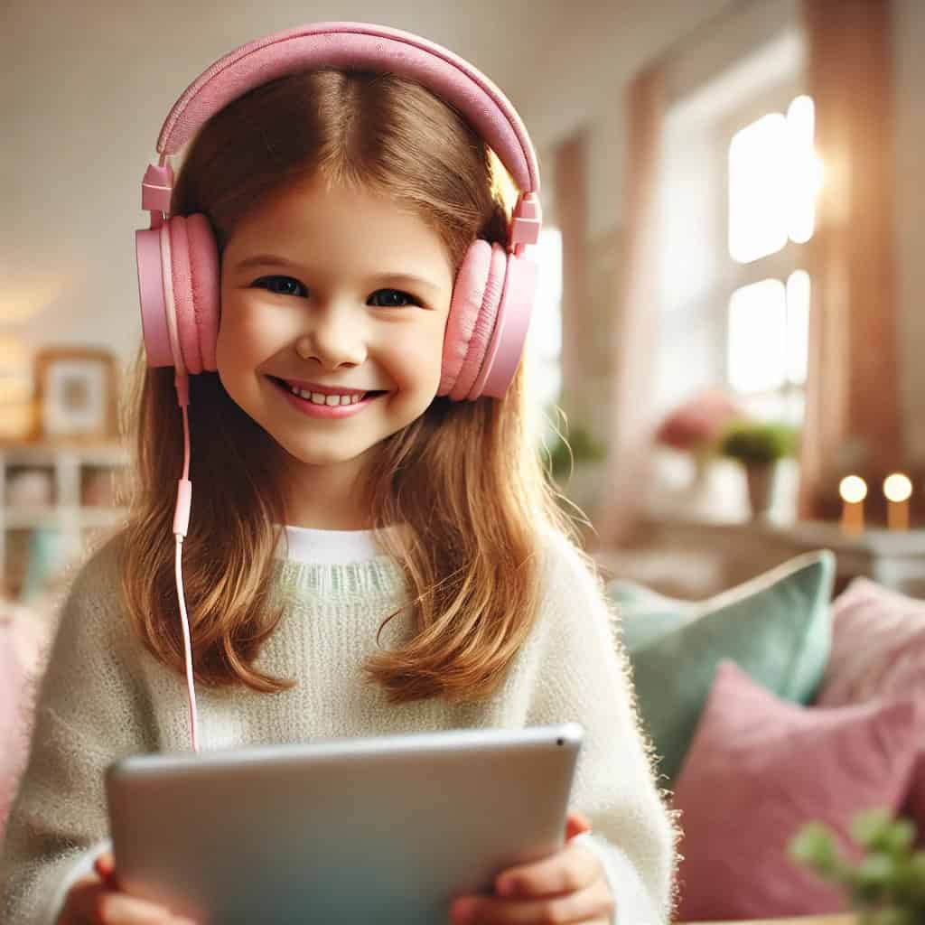 dobre słuchawki przewodowe dla dzieci na uszach dziewczynki z tabletem
