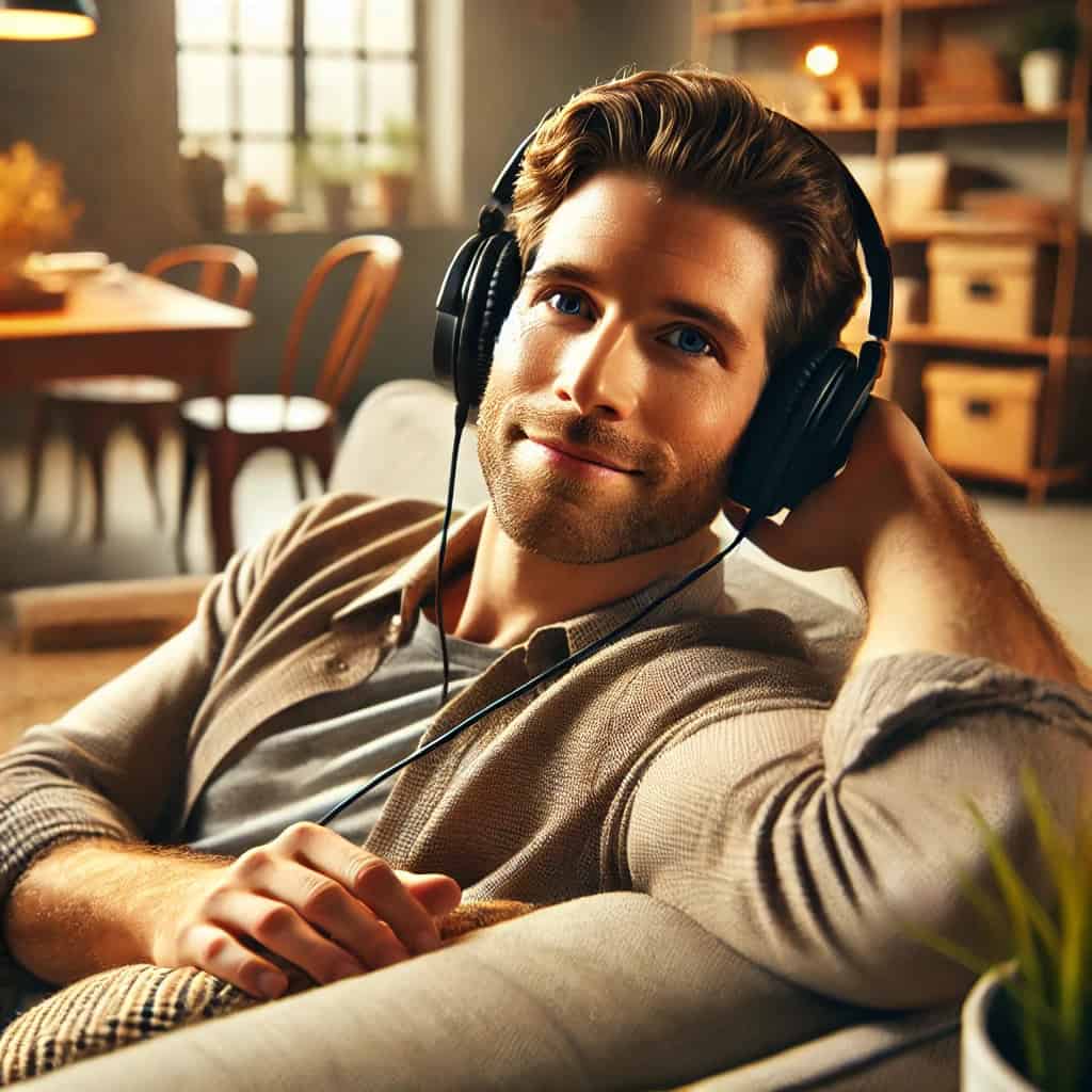 dobre słuchawki przewodowe do muzyki na uszach mężczyzny leżącego na sofie