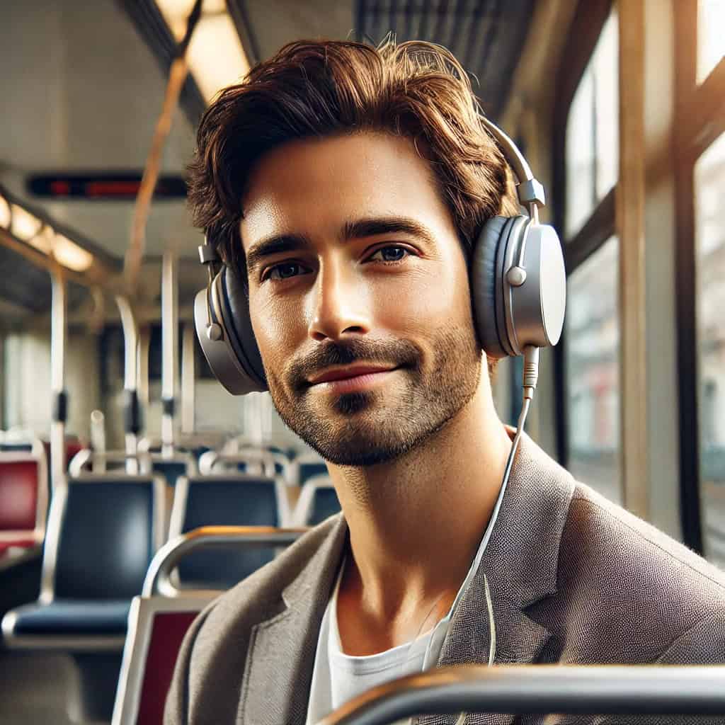 dobre słuchawki przewodowe do słuchania muzyki na uszach mężczyzny podróżującego tramwajem