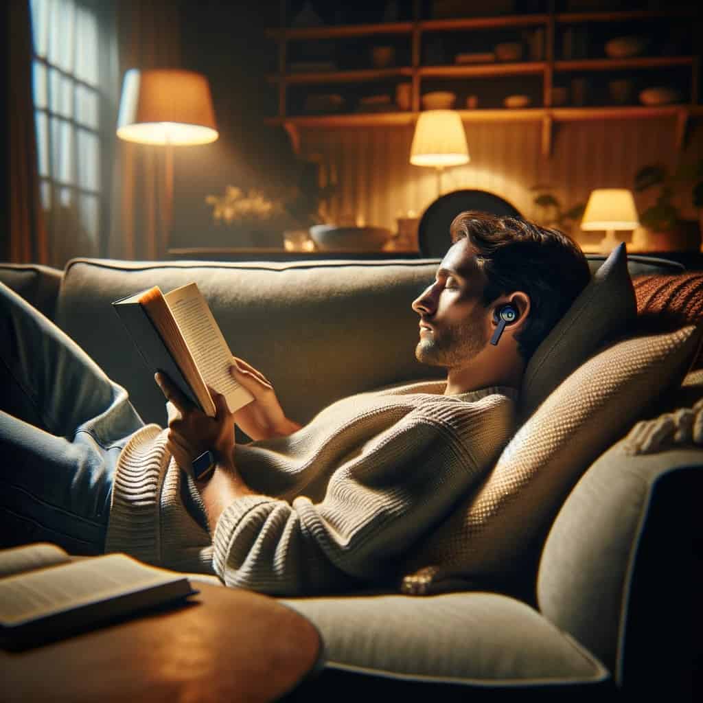 dobre słuchawki tws - mężczyzna leżący na kanapie w przykładowym modelu True Wireless