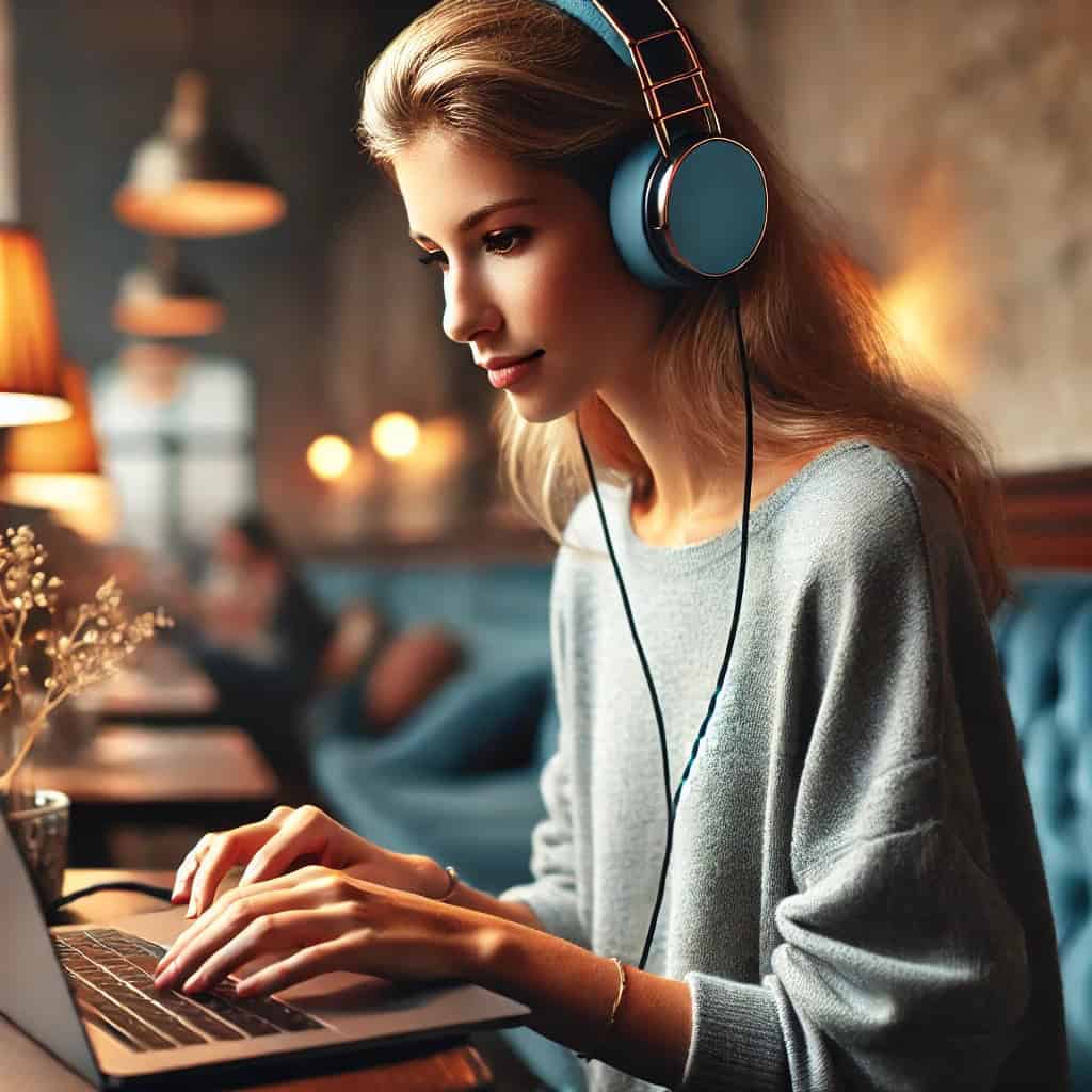 dobre słuchawki usb c na uszach kobiety, która siedzi w kawiarni z laptopem