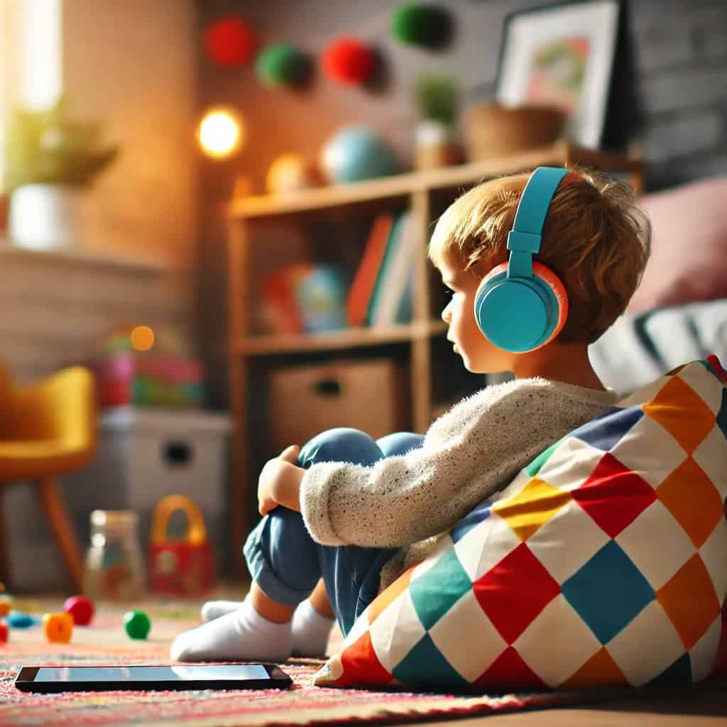 dzieci a słuchawki bluetooth - chłopiec siedzi na dywanie w słuchawkach, patrząc w okno