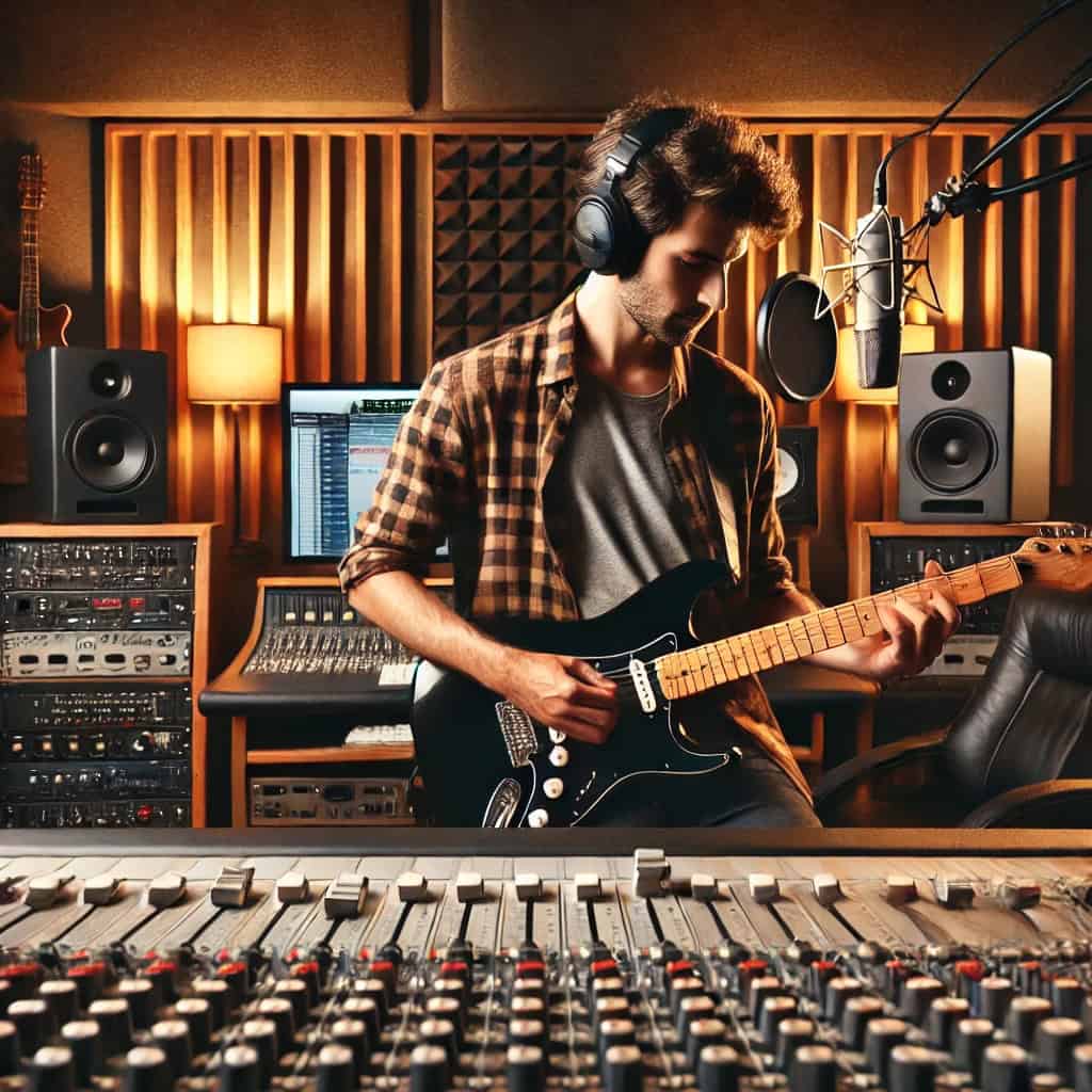 gitara elektryczna słuchawki mężczyzna w studiu nagrań