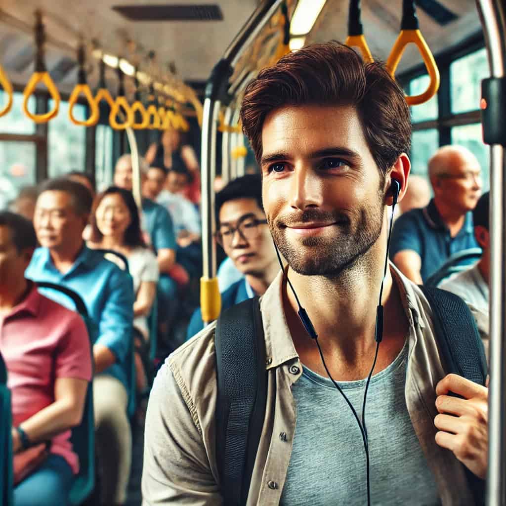 jak bezpiecznie korzystać ze słuchawek dousznych - przykładowy model w uszach mężczyzny jadącego autobusem do pracy
